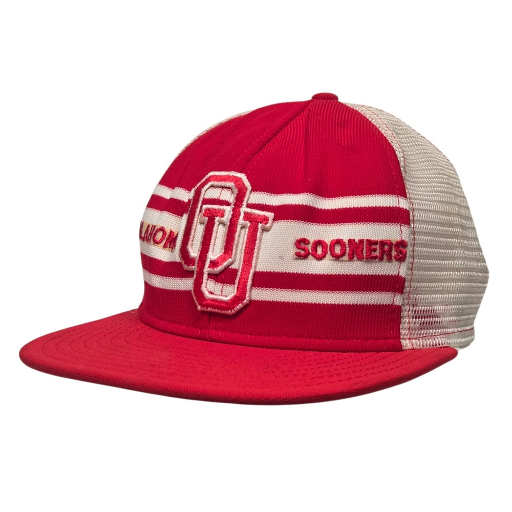 Vintage 80's AJD Oklahoma Sooners Trucker Hat Mens Red Striped‎ Snapback OU NCAA